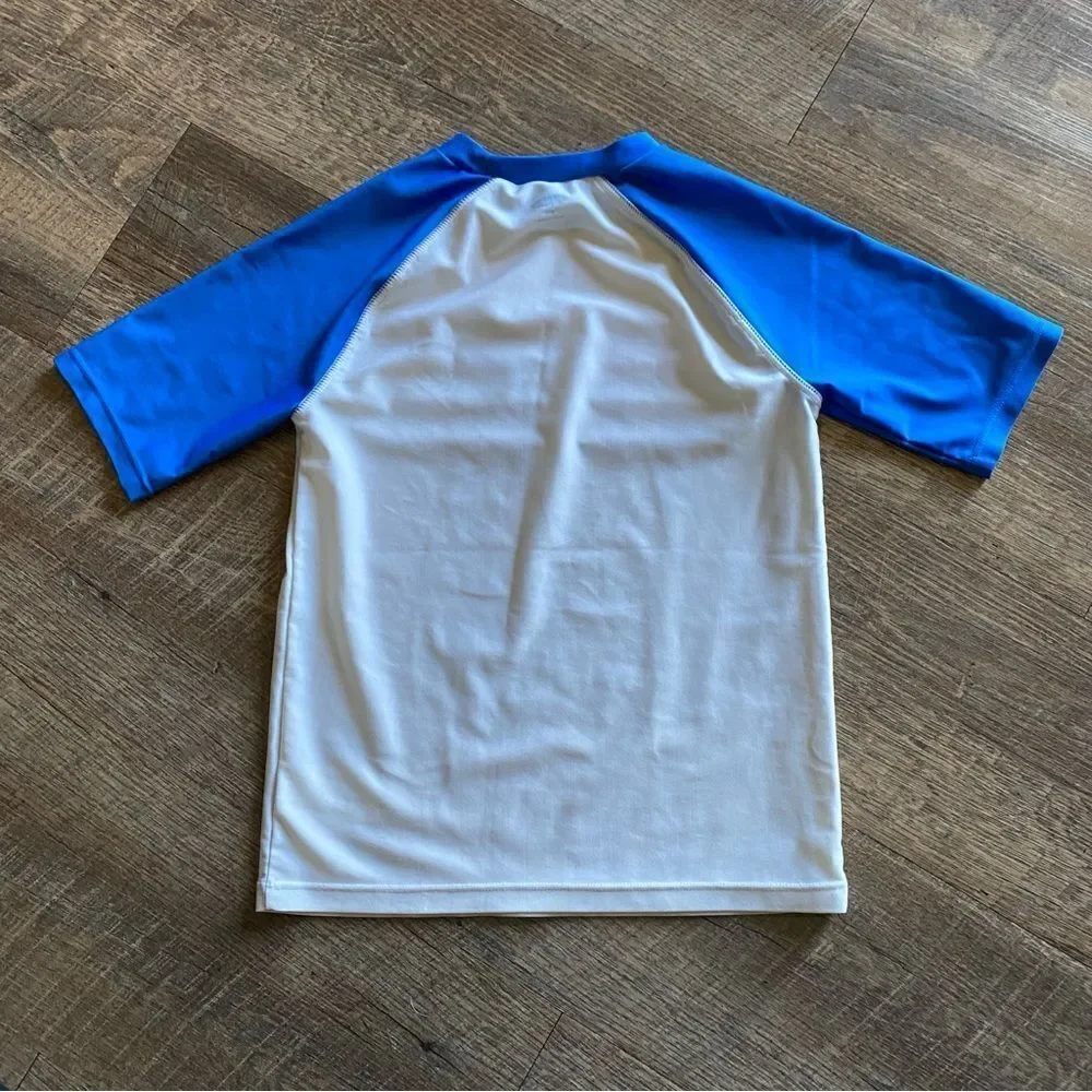 Rash Guard Swimming Shirt Boys Medium White Blue Tropical Swim